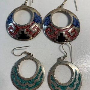 2 Vintage Alpaca Pair Mexican Silver Alloy Crushed Turquoise Earrings 14 Gram
